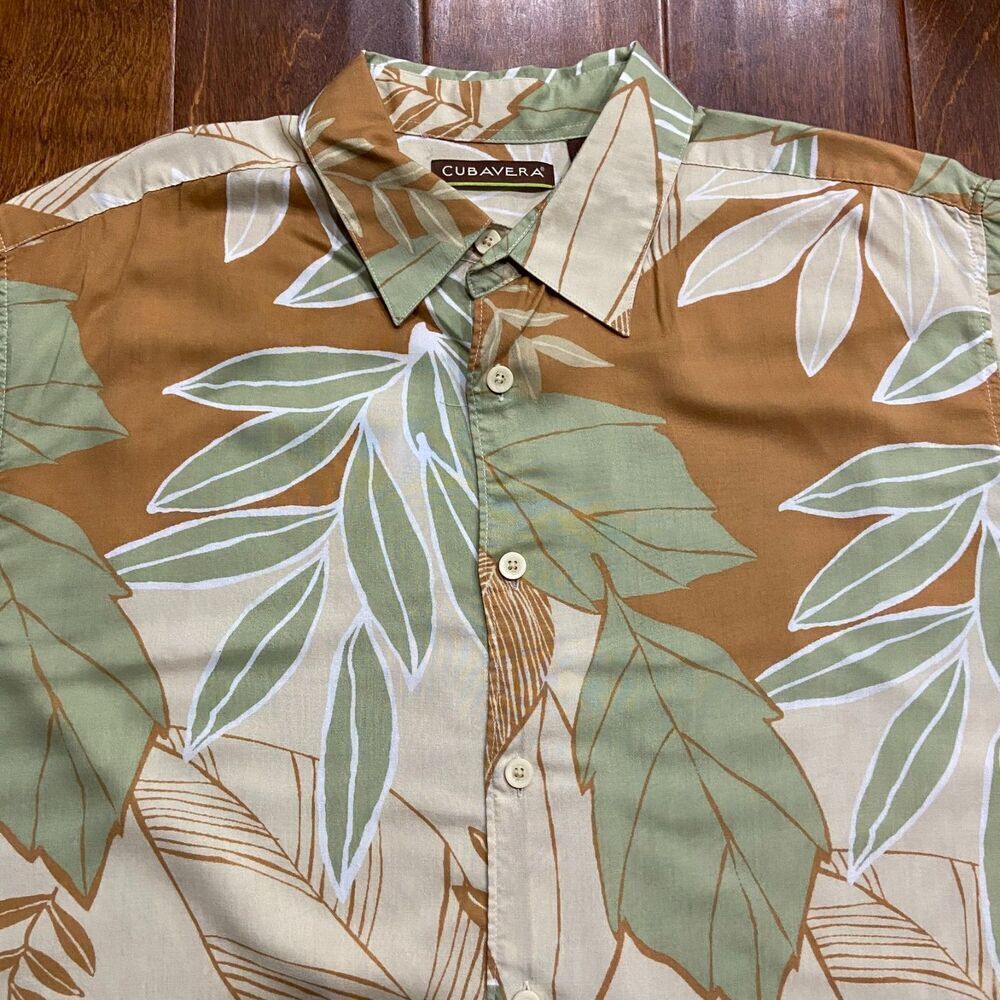 Cubavera Casual Tropical Hawaiian Tan Green Rayon Button Front Shirt Men's L - Picture 2 of 7